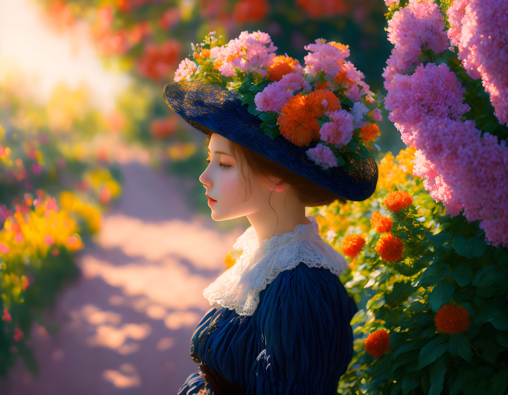 Woman in Vintage Attire with Flower Hat in Blooming Garden