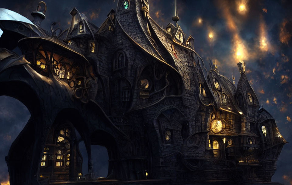 Eerie mansion with clocks and whimsical architecture at night