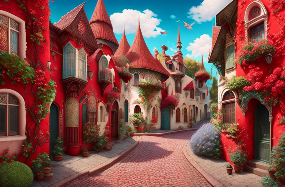 Whimsical village with cobblestone streets and ivy-covered buildings