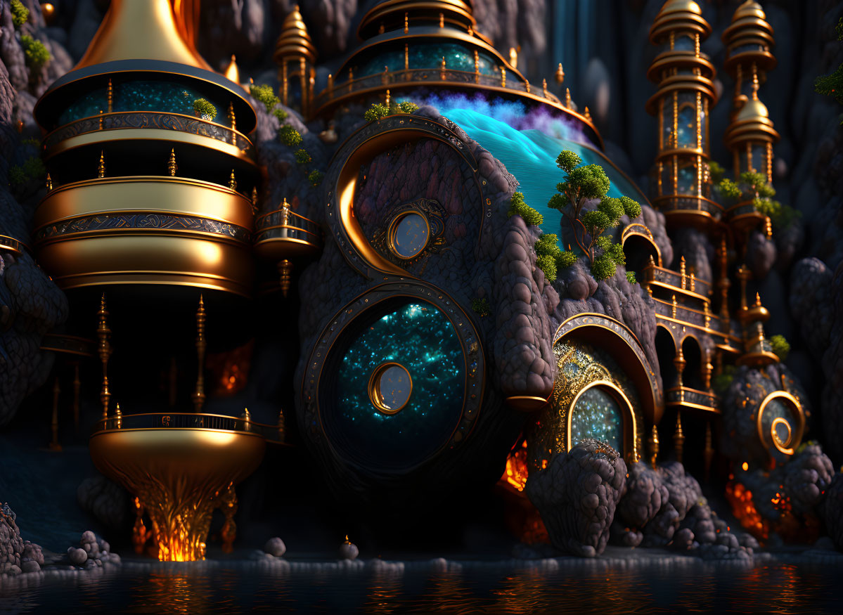 Fantastical city with golden structures, blue orbs, waterfalls, and lush greenery