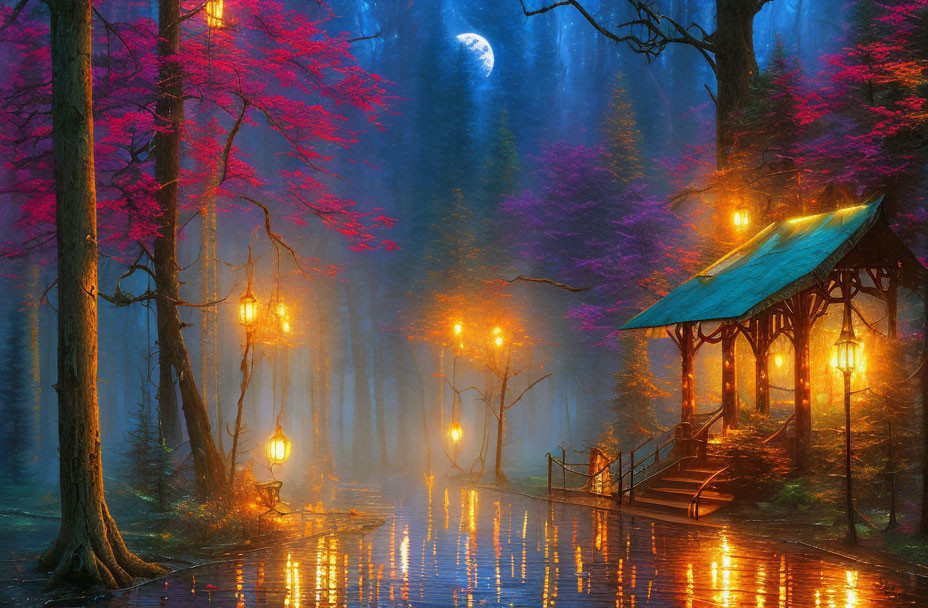 Colorful Trees and Gazebo in Enchanted Forest Dusk Scene