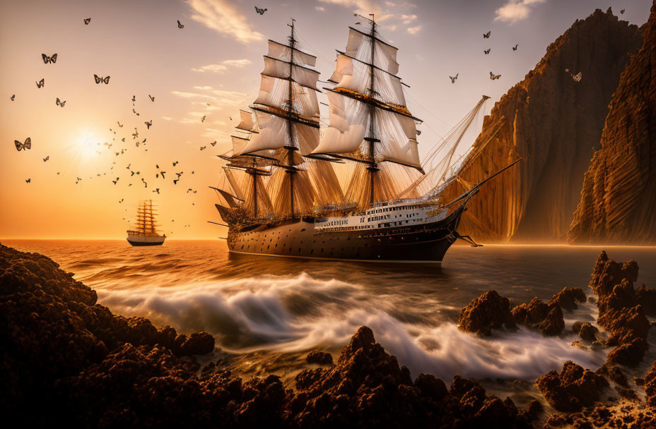 Vintage sailing ship with full sails in choppy waters near rocky shores at sunset.