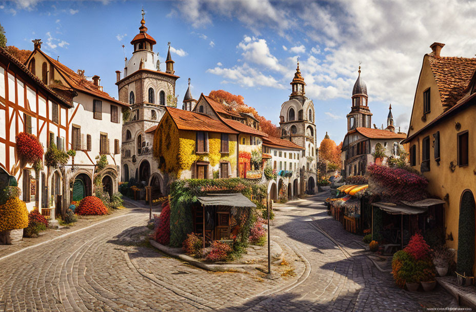 European cobblestone street with colorful buildings and greenery