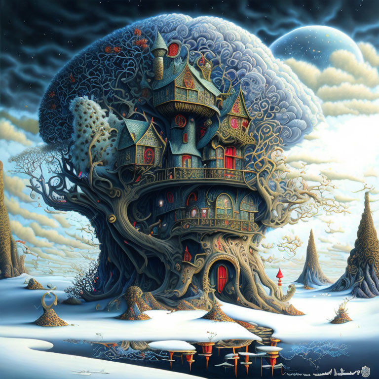 Surreal treehouse painting in snowy landscape under starry sky