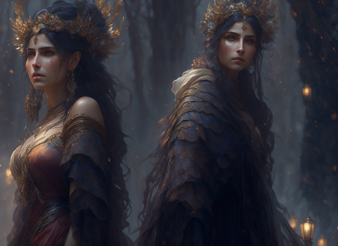 Two women in regal fantasy attire in mystical forest with floating embers.