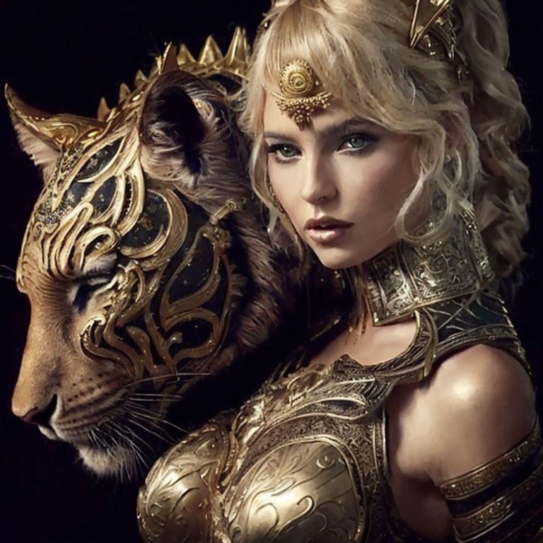 Blue-eyed woman in golden armor merges with majestic tiger in ornate attire