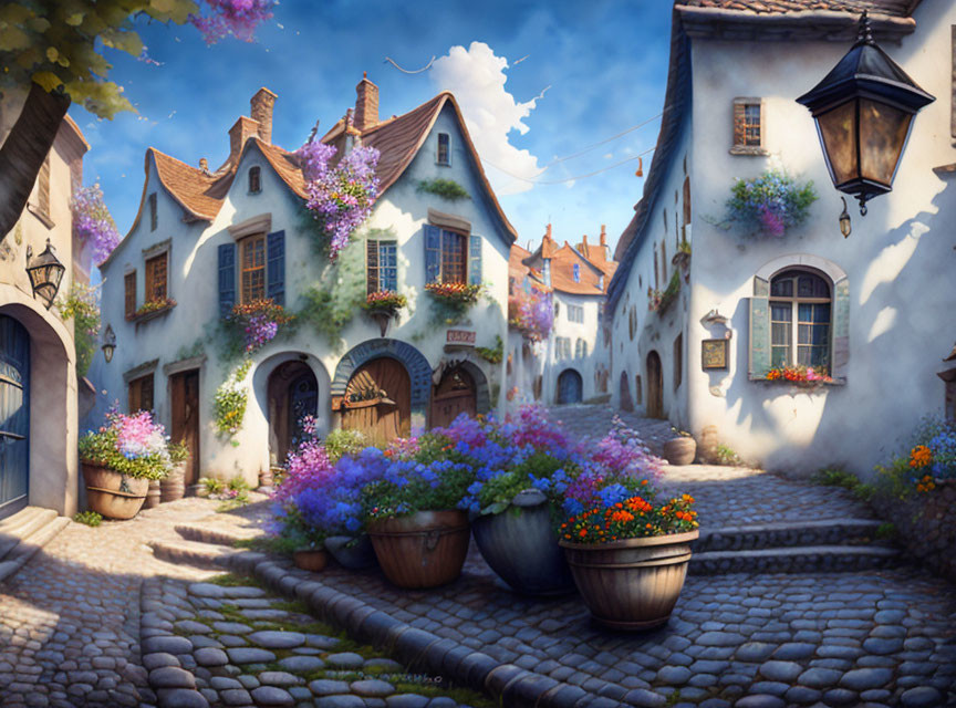 Picturesque cobblestone street lined with colorful flowers and quaint houses under a clear blue sky