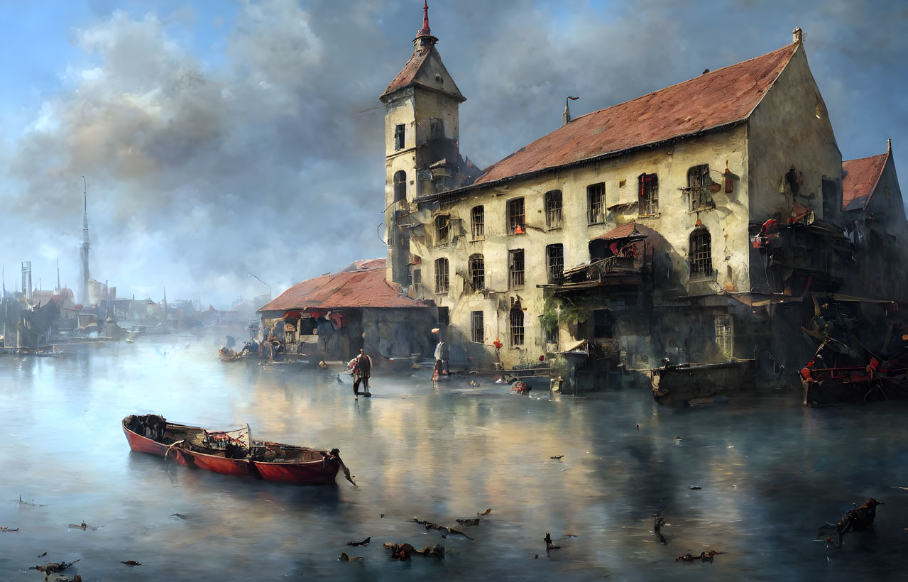 Misty waterscape with old buildings, tower, boat, and smoky sky