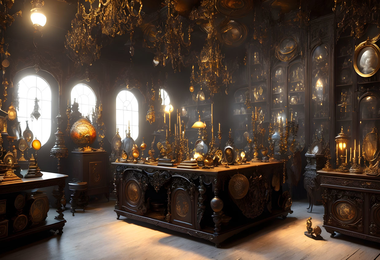 Dimly-lit ornate room with antique furniture and golden globes