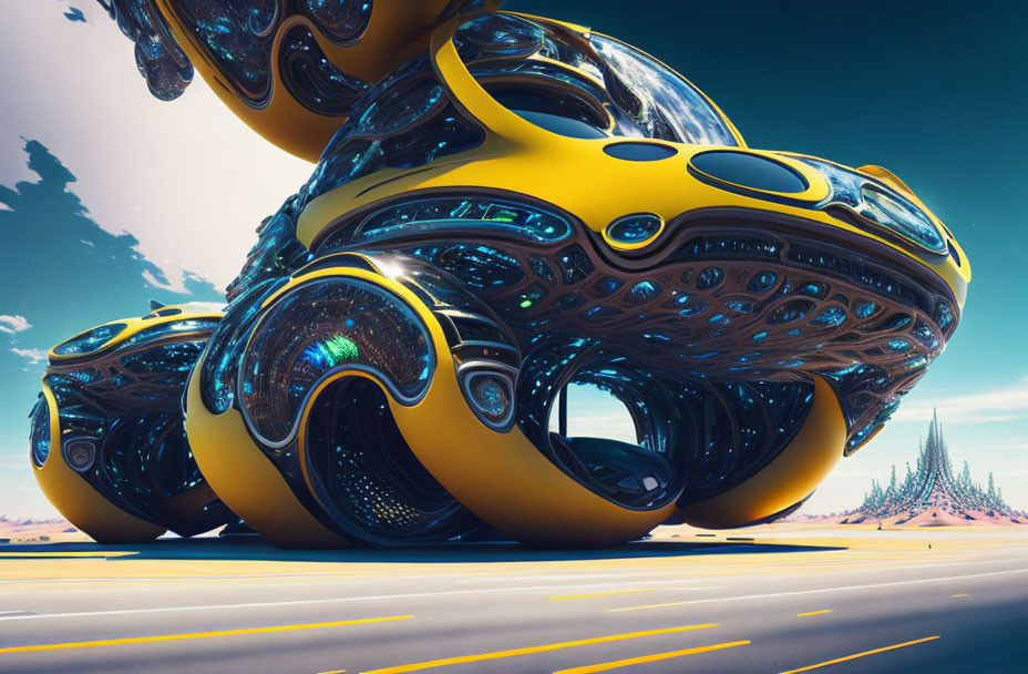 Golden futuristic alien vehicles hover above desert road under blue sky