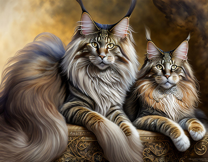 Majestic cats with luxurious fur against golden backdrop