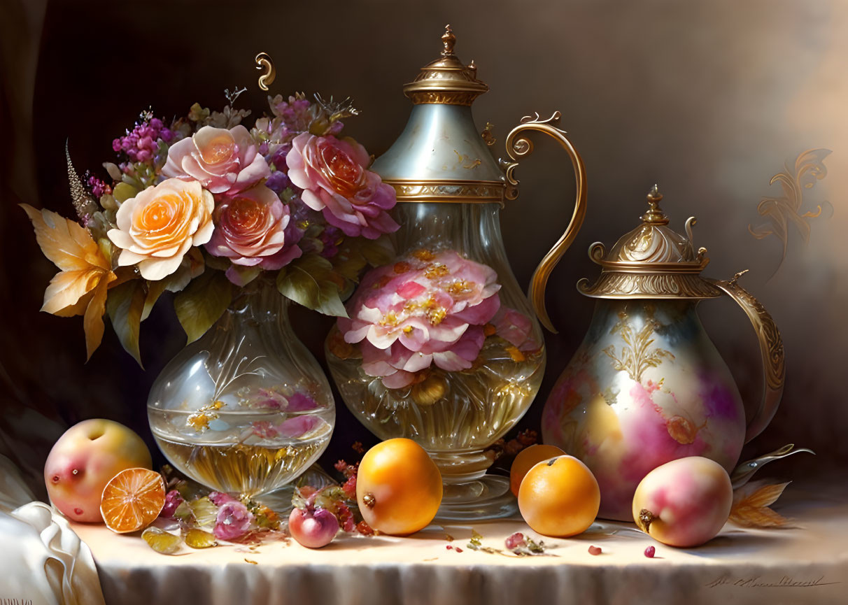 Floral Arrangement, Teapot, Fruits on Draped Table