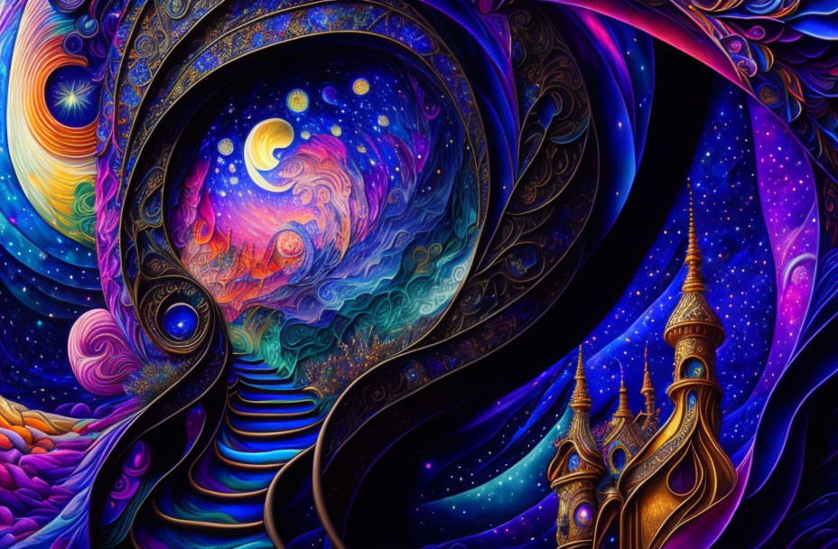 Colorful Psychedelic Galaxy Artwork with Eastern Architecture