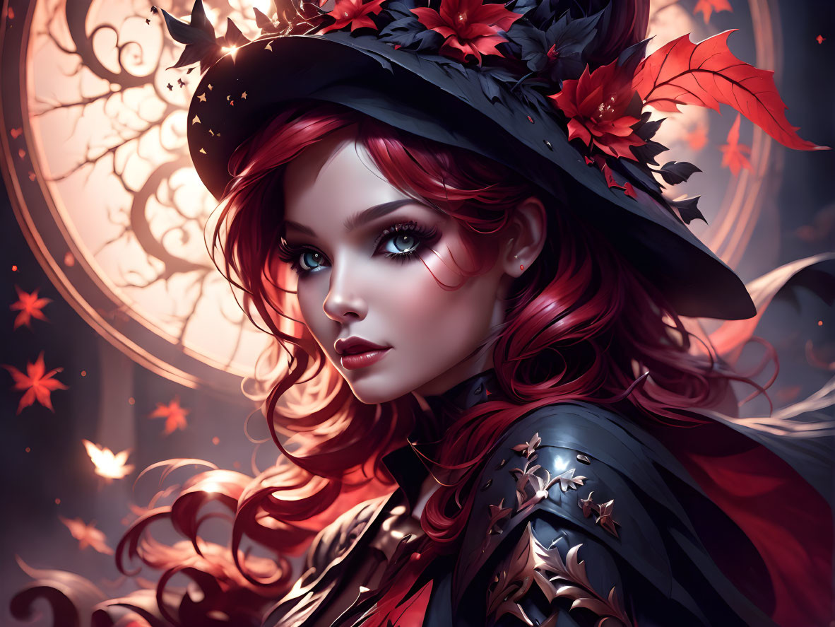 Young witch digital illustration with red hair and black hat in autumnal setting