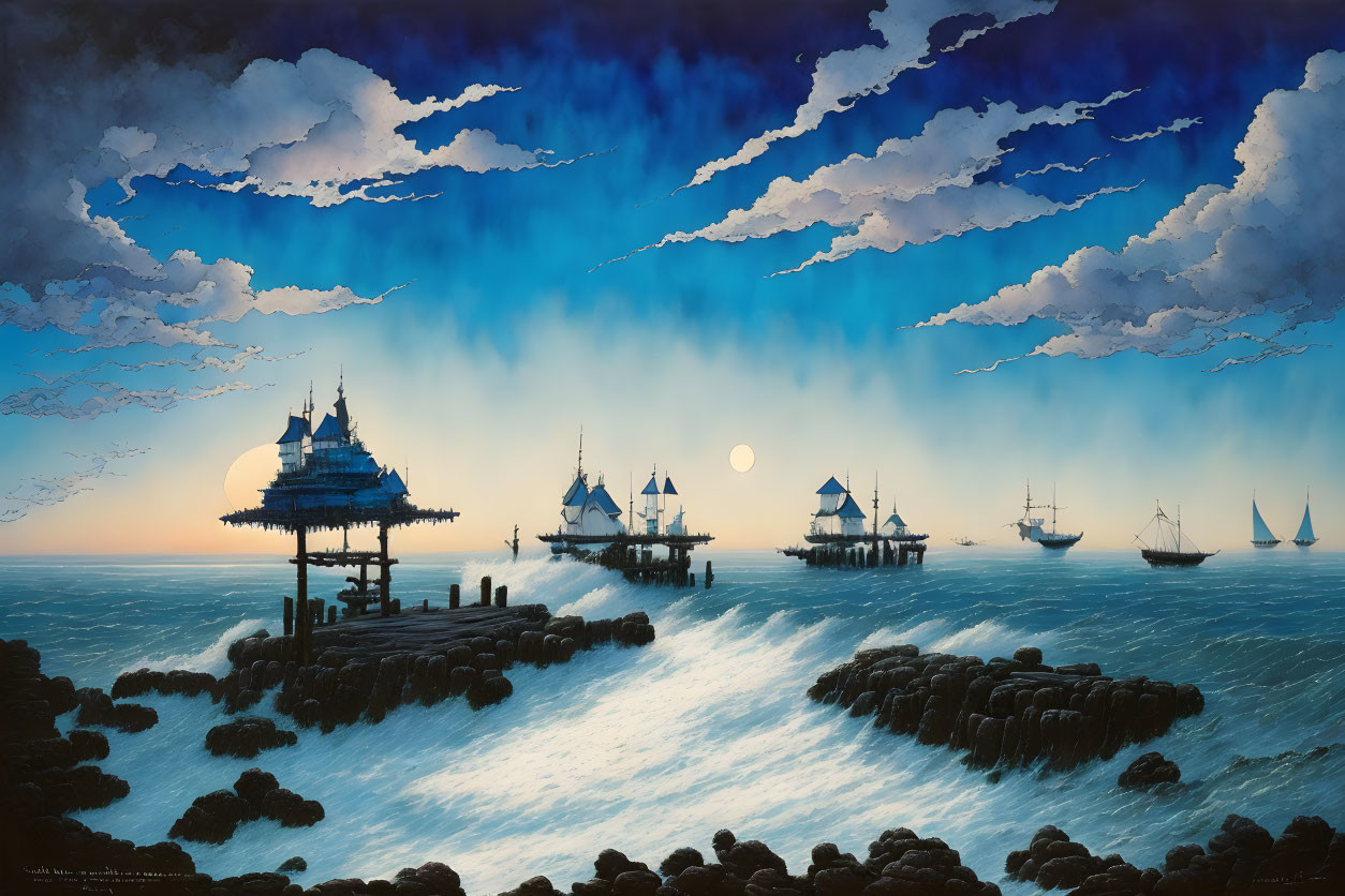 Seascape with stilt houses, sailing ships, and moonlit sky