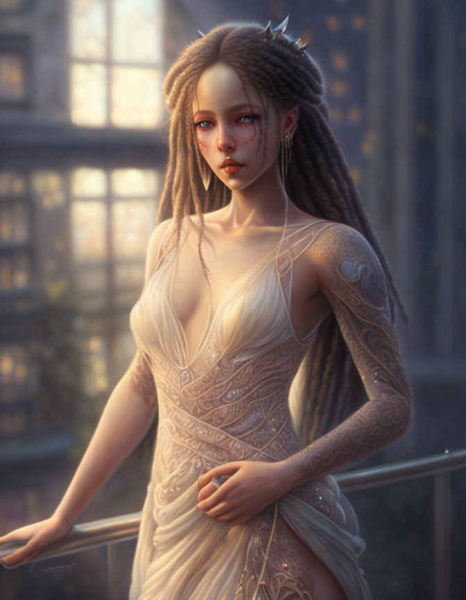 Digital artwork: Woman with braided hair, tattoos, white dress, standing indoors in sunlight.