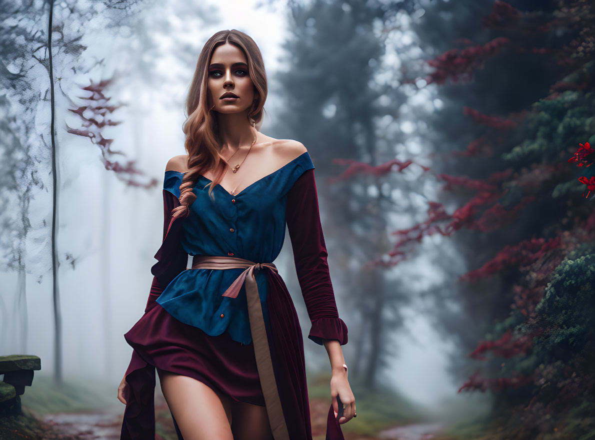 Woman in Blue and Burgundy Outfit in Misty Forest