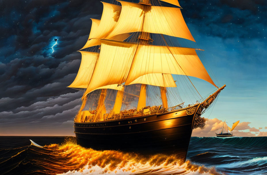 Historical sailing ship with glowing sails on fiery sea at night