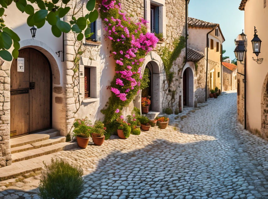 Quaint village cobblestone street with bougainvillea flowers and stone houses