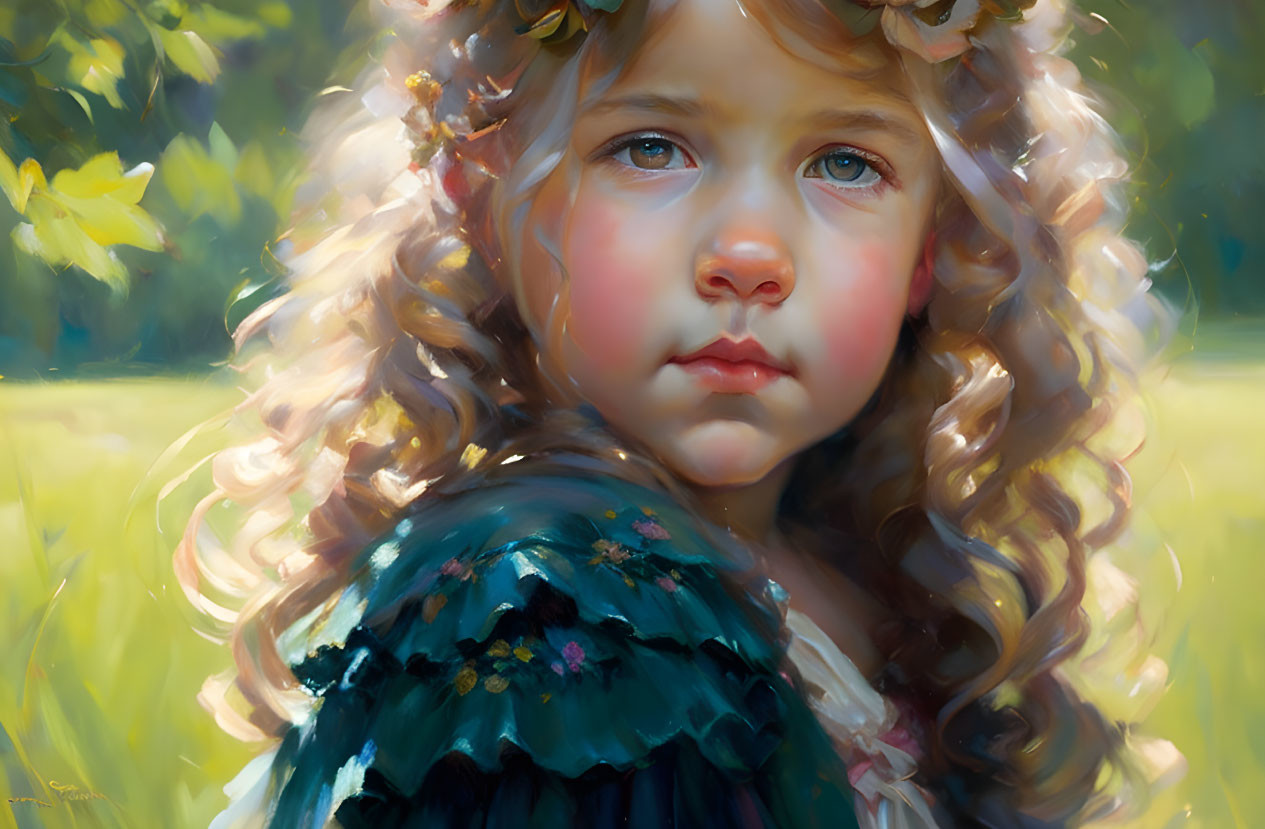 Young girl portrait with curly hair, blue eyes, floral headpiece, green dress, in sunny me