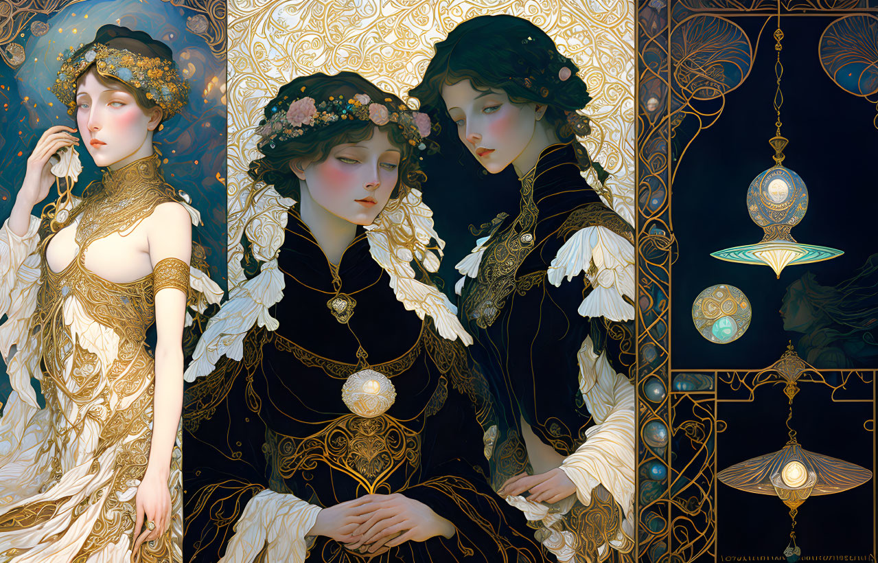 Ornate Art Nouveau-inspired illustration of two women with intricate patterns and elegant clothing