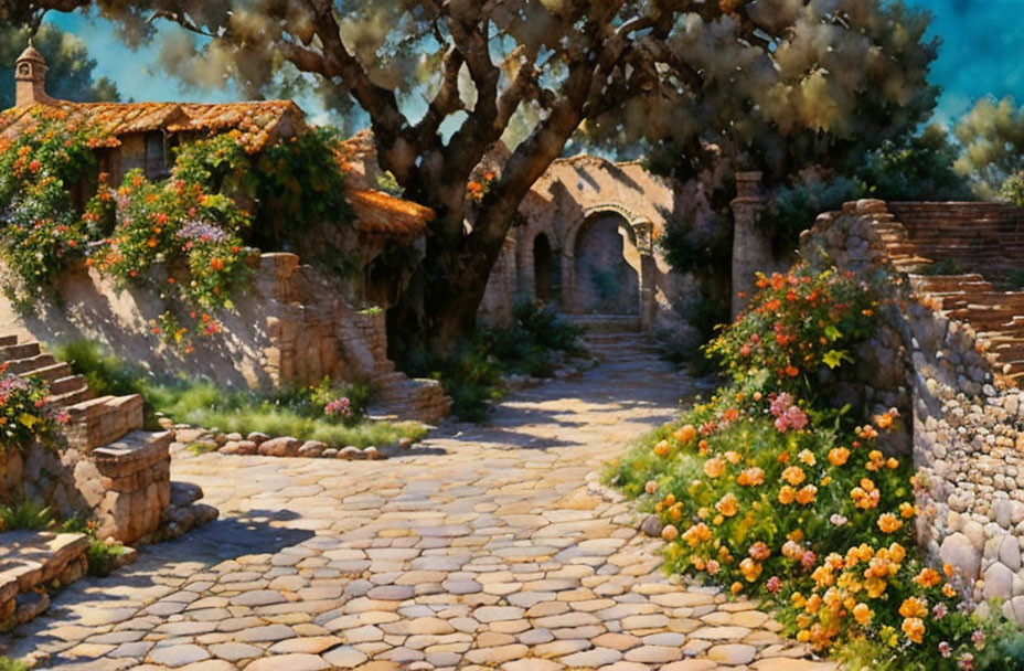 Idyllic sunlit landscape with cobblestone path, blooming flowers, ancient stone walls,