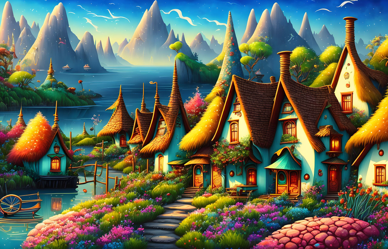 Colorful Fantasy Village with Thatched Cottages and Misty Mountains