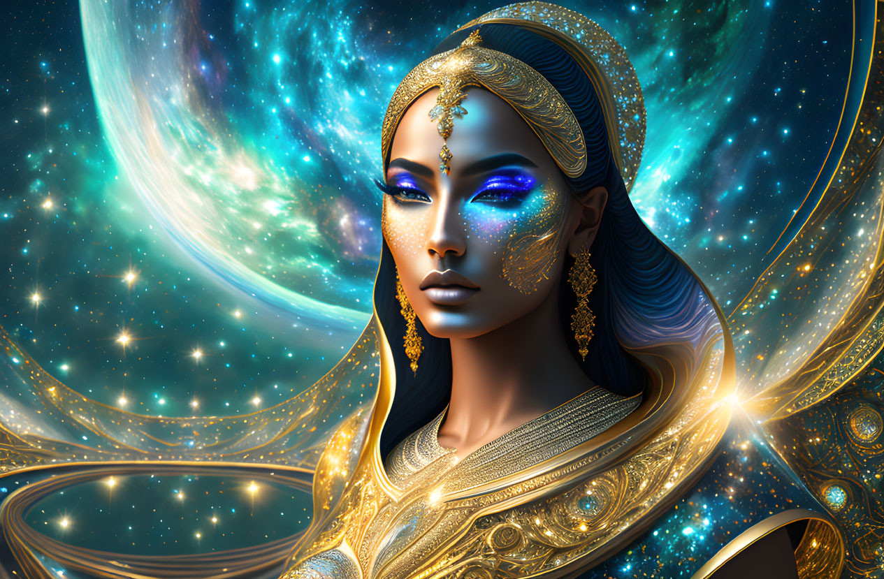 Blue luminescent makeup woman portrait with celestial jewelry in cosmic setting