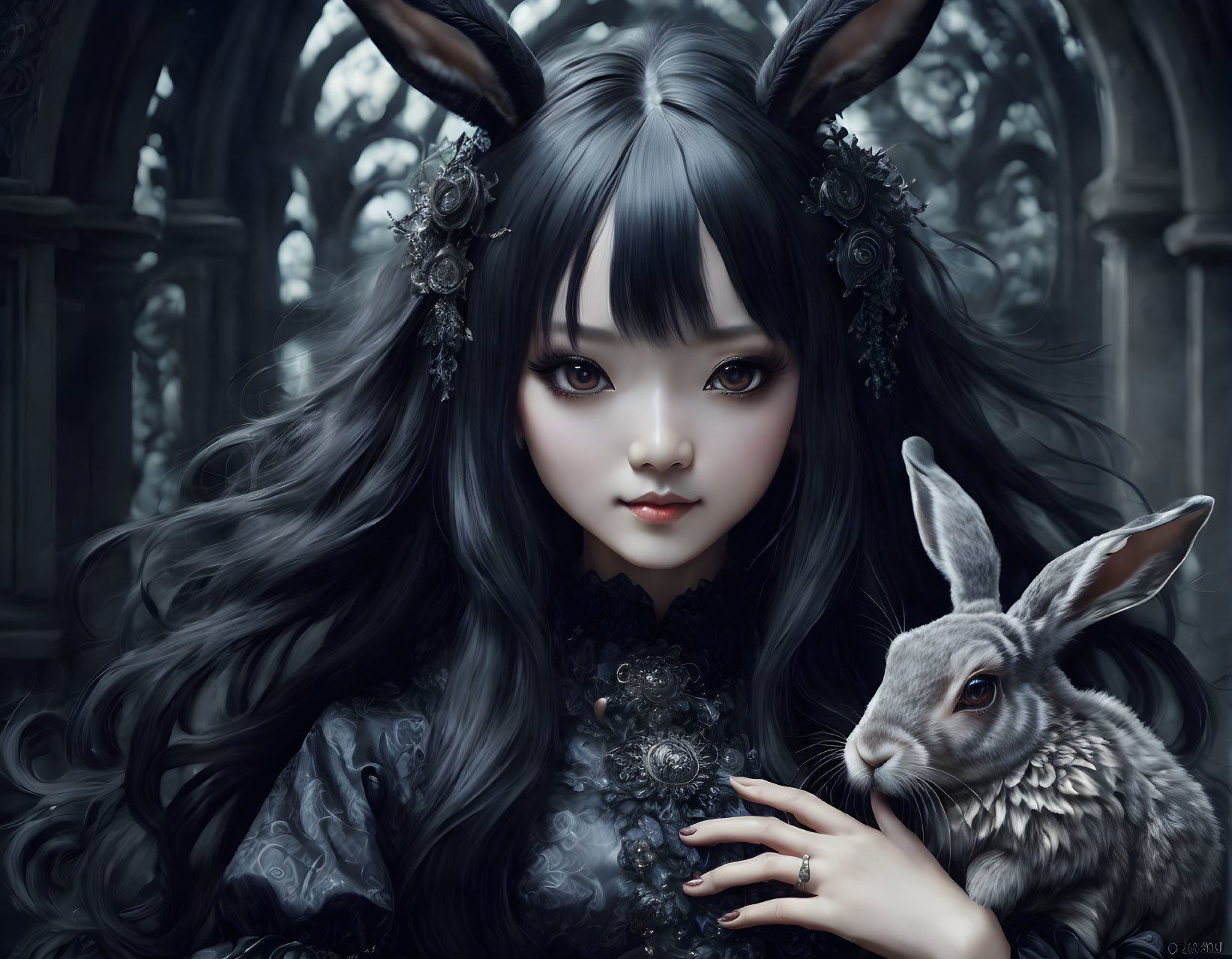 Digital artwork: Girl with bunny ears in gothic dress with rabbit, ornate backdrop