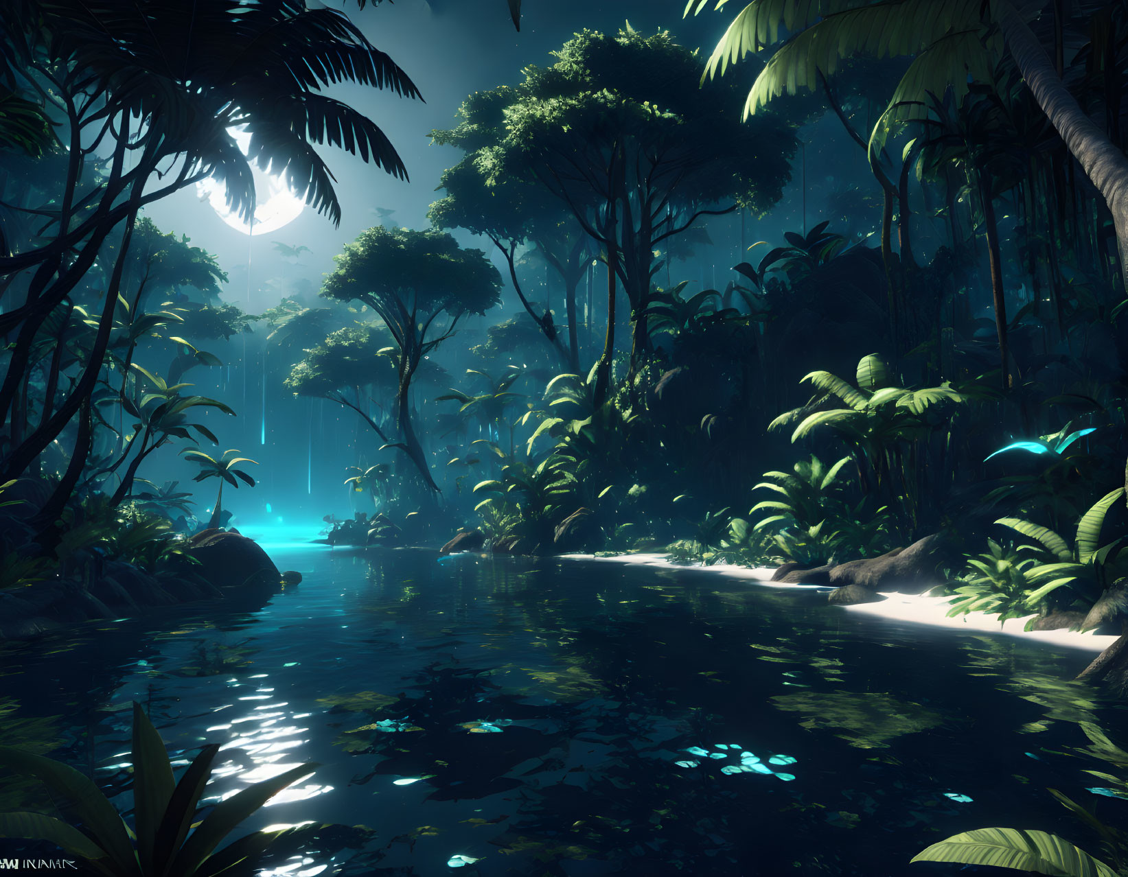 Moonlit Tropical Jungle with Calm River and Lush Foliage