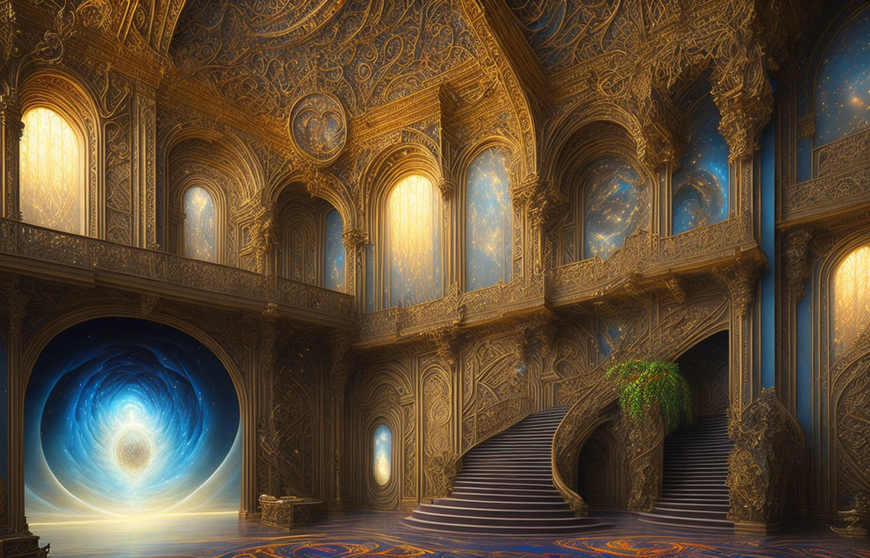 Luxurious Fantasy Palace Interior with Golden Designs and Blue Portal