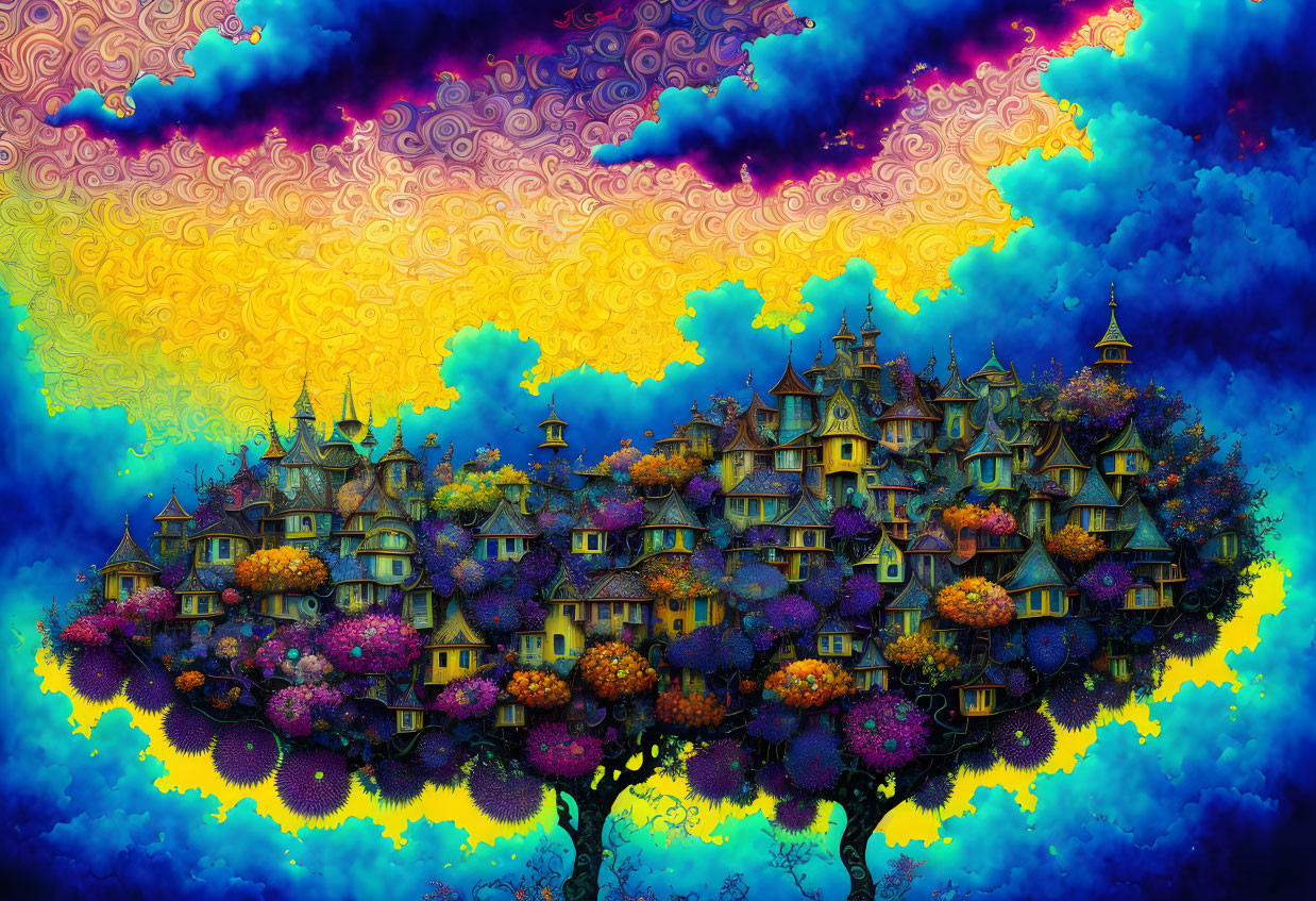 Colorful Fantasy Landscape with Whimsical Houses and Vivid Sky