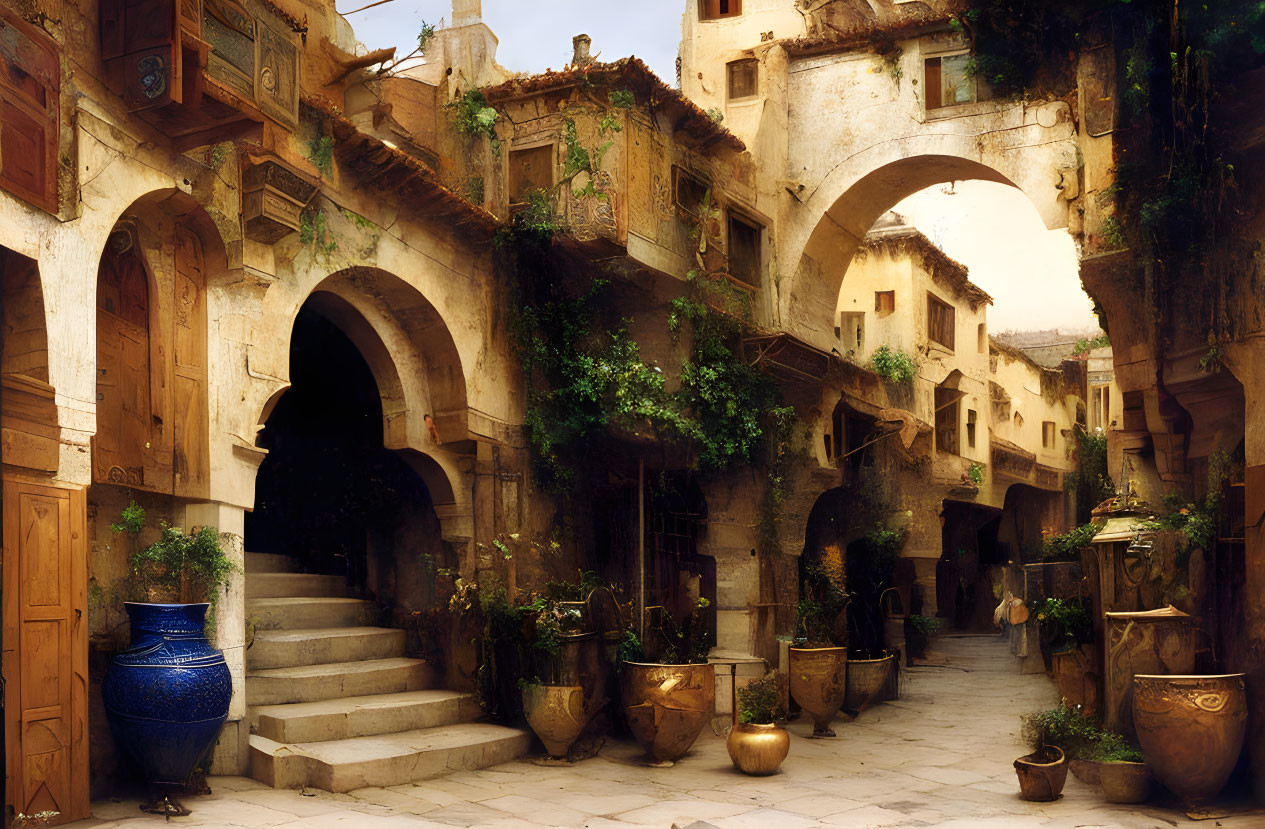 Sunlit pedestrian alley with old stone buildings, arches, green plants, and ceramic pots