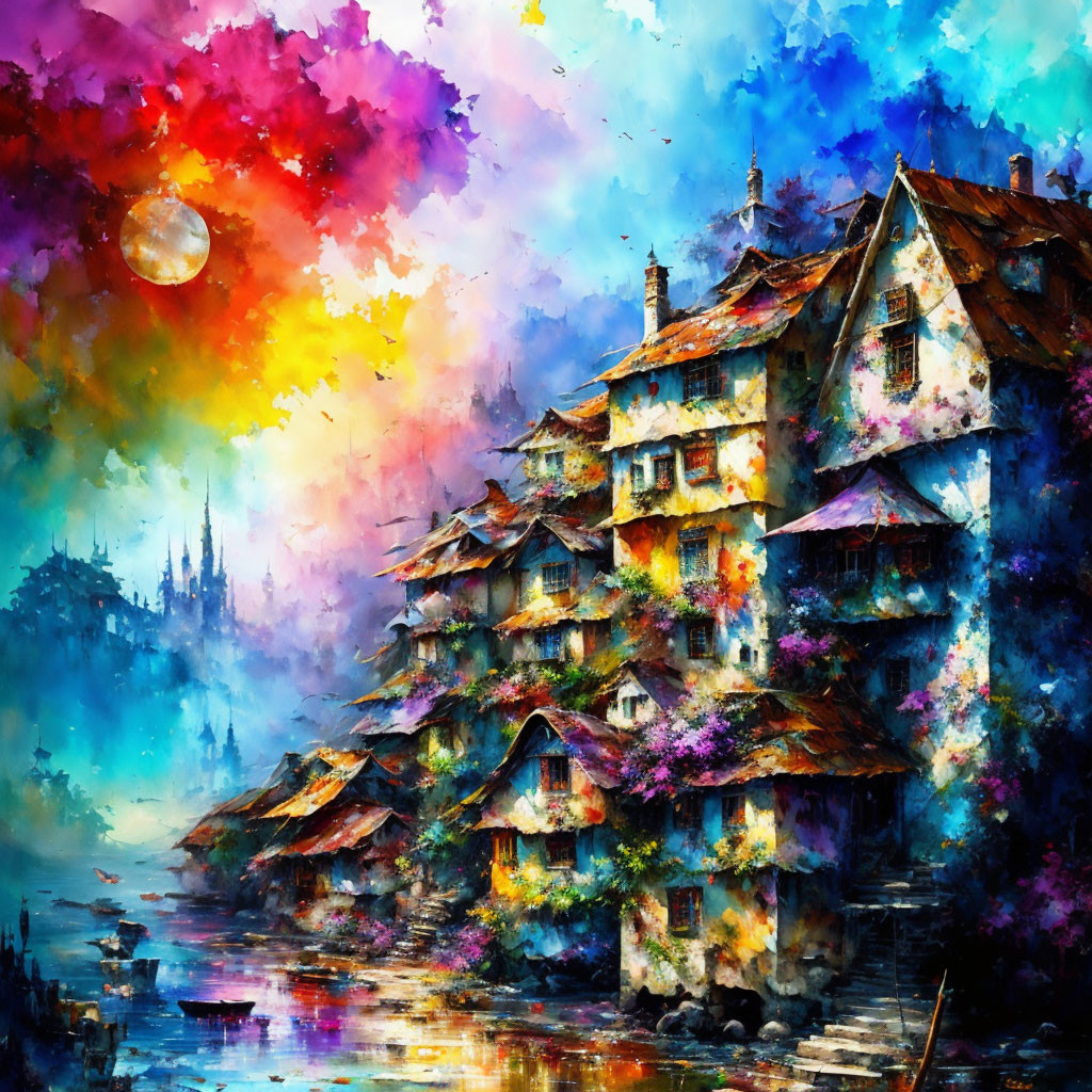 Colorful watercolor painting of whimsical village under sunset sky