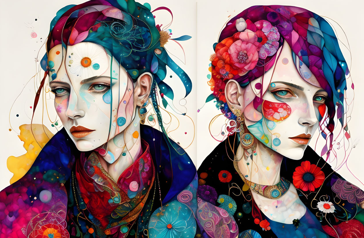 Stylized portraits of woman with vibrant floral designs