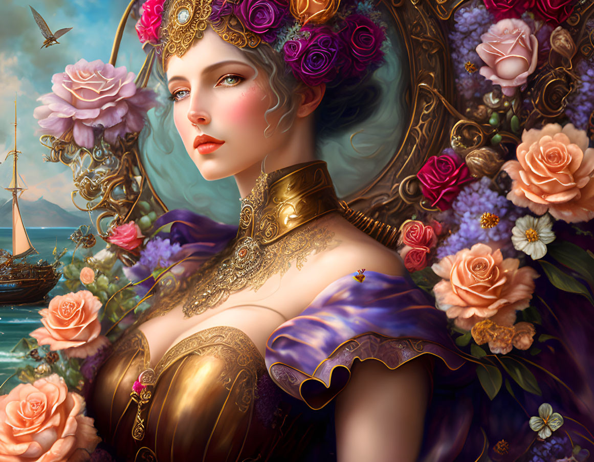 Digital art portrait of woman with floral headwear, gold neckpiece, roses, sailboat, sea