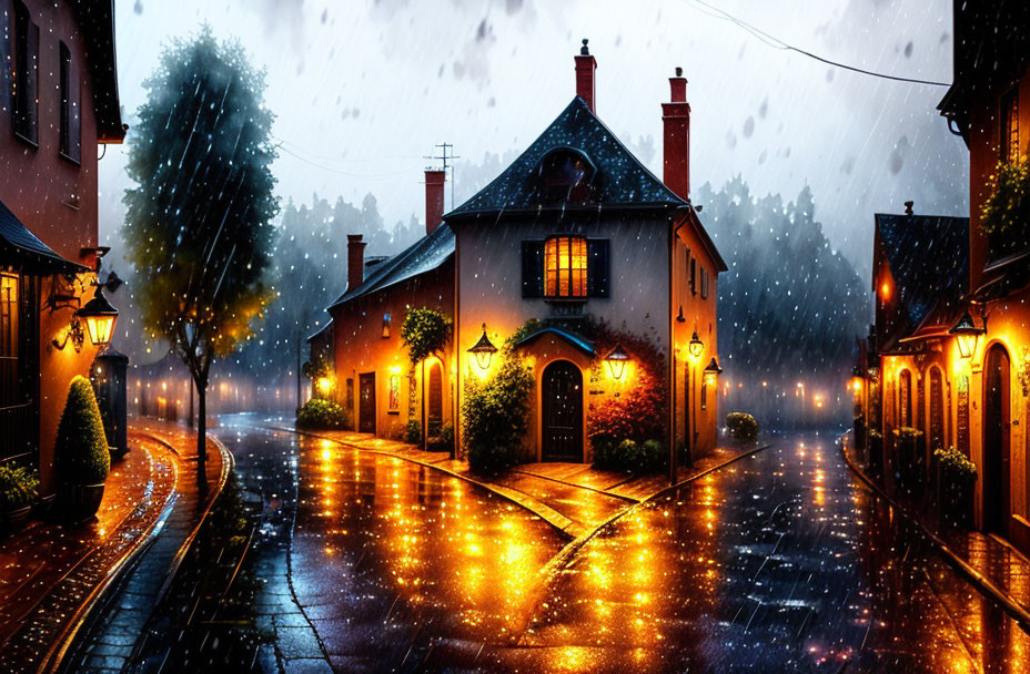 Cobblestone street at night with cozy cottages and stormy sky