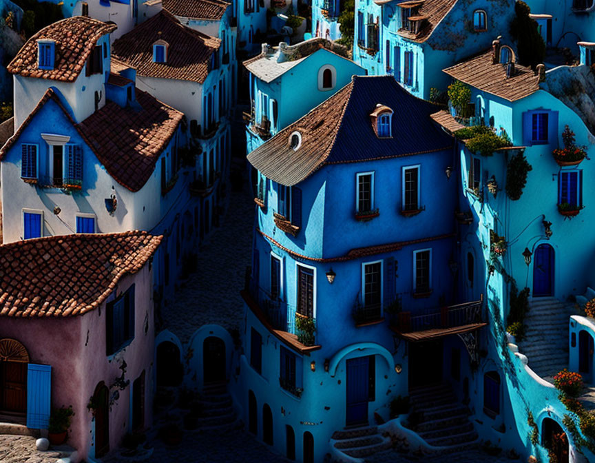 Picturesque hilly village with blue and white houses under golden hour light