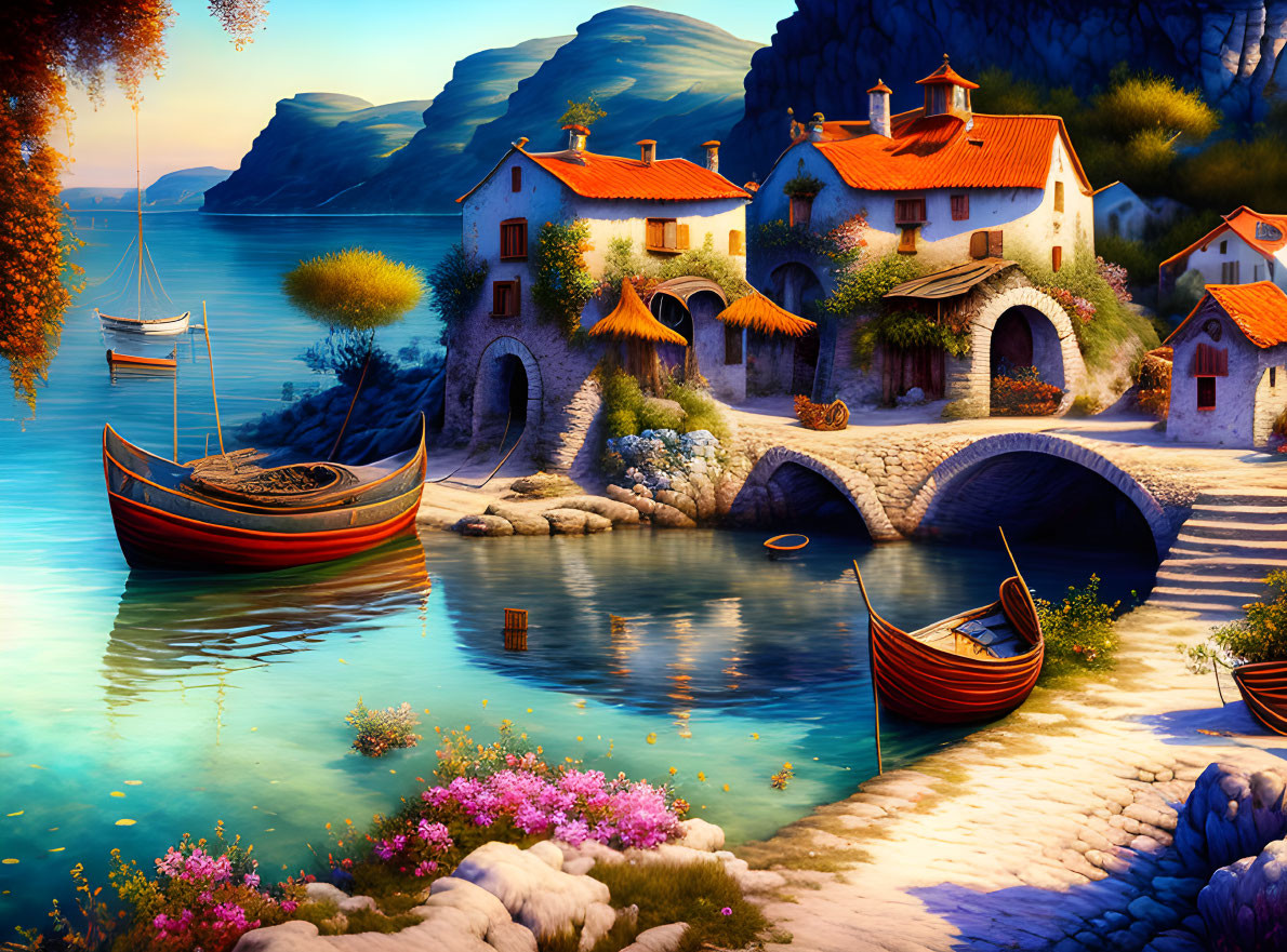 Traditional seaside village with arched bridges, moored boats, and vibrant flora at sunset