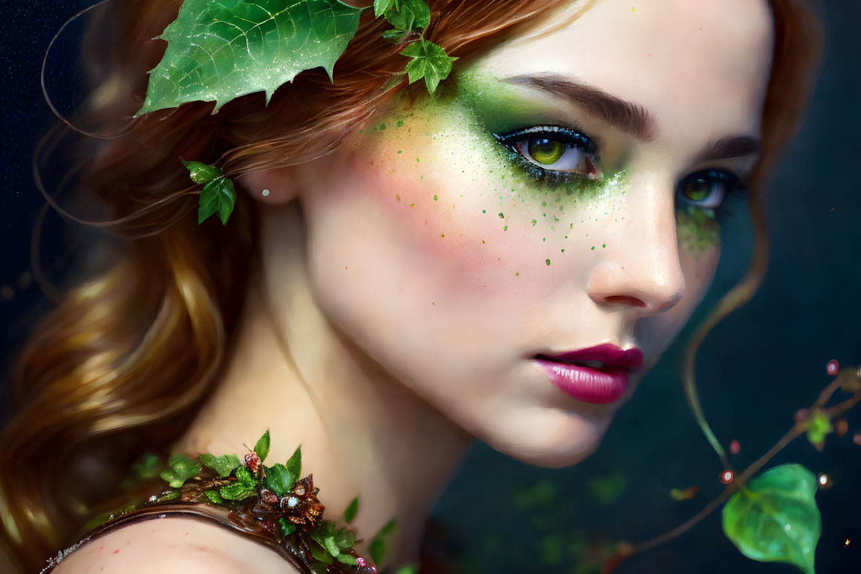 Portrait of woman with ivy-themed makeup and green eyeshadow