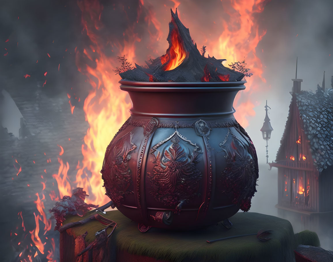 Ornate cauldron spews flames in fiery landscape with traditional structures