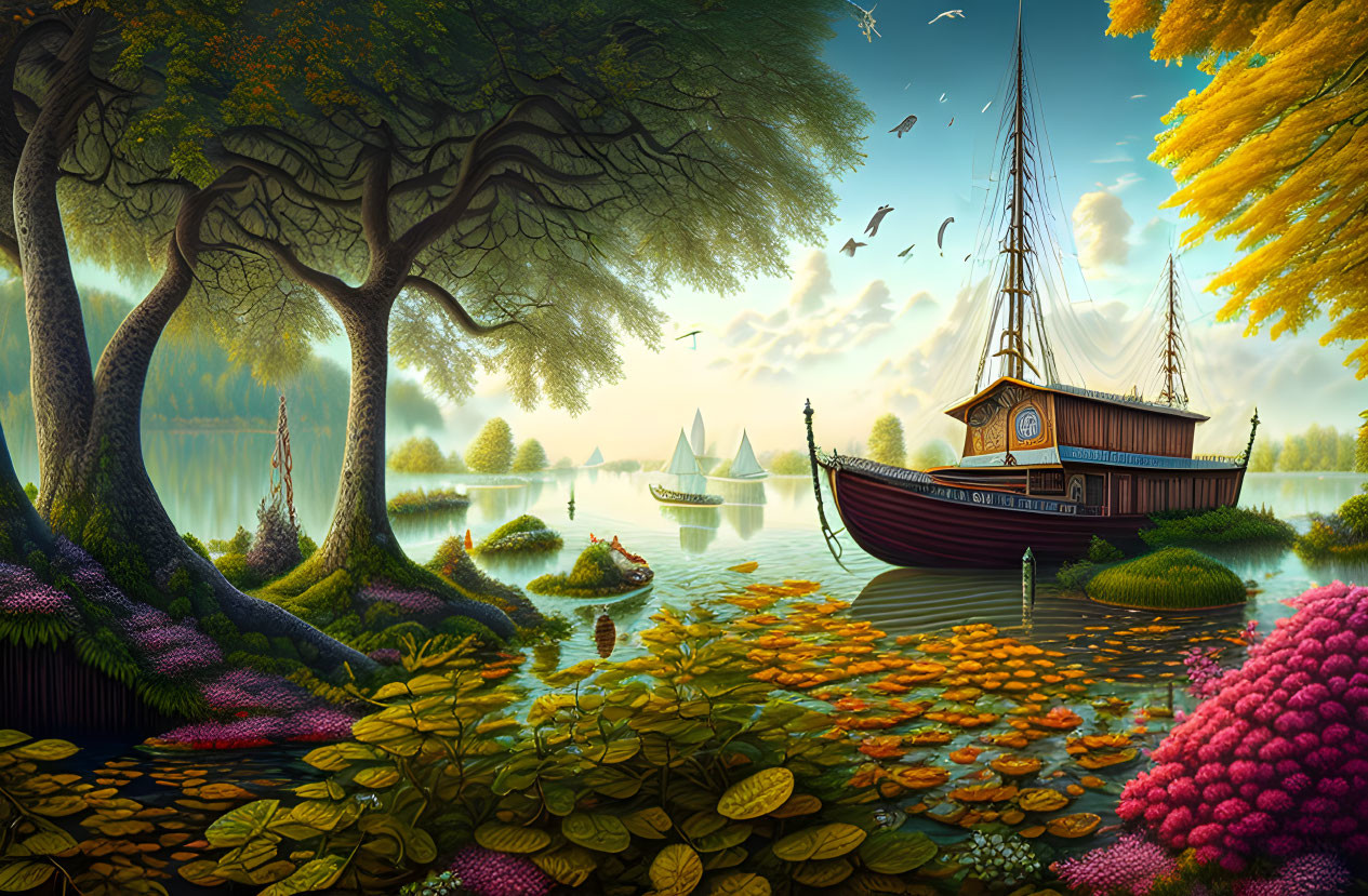 Tranquil lake scene with ship, trees, flowers, and boats under sunny sky