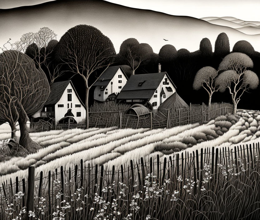 Monochrome rural landscape with farmhouses, fields, trees, and bird