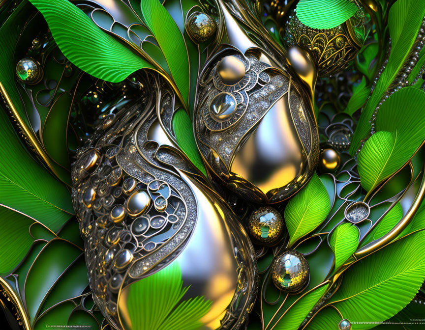 Detailed Fractal Image: Metallic Structures, Spherical Shapes, Green Leaf Patterns