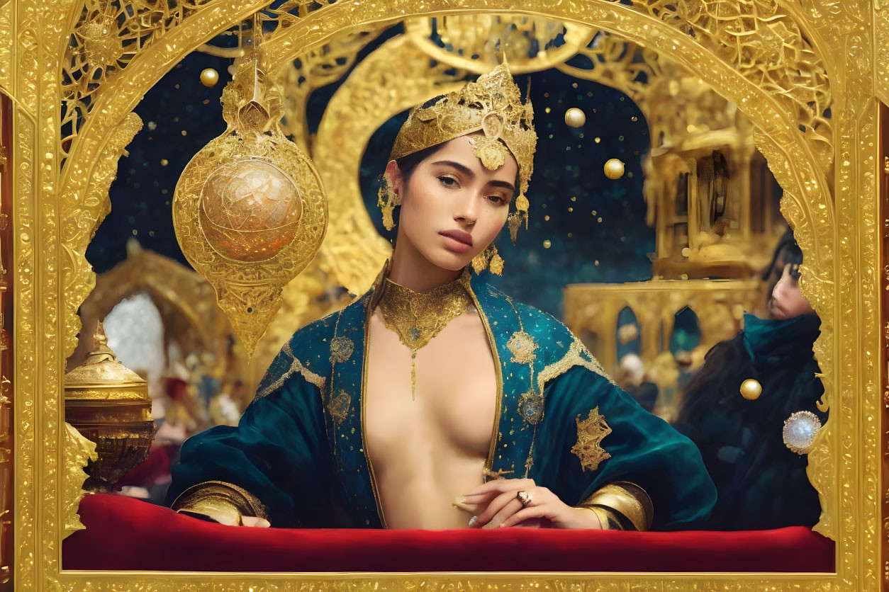 Regal figure in blue velvet robe under golden archway