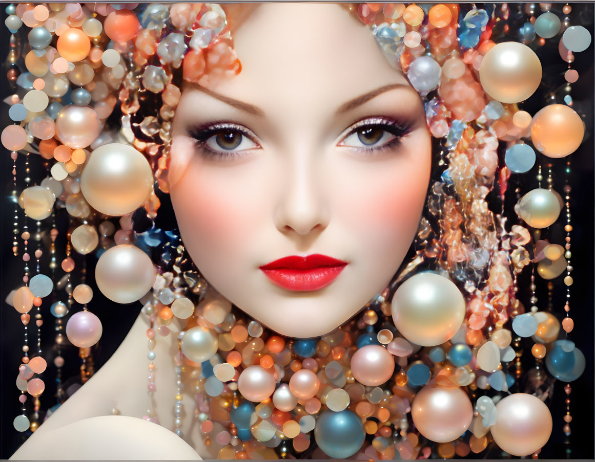 Vibrant makeup woman with floating pearls in surreal portrait