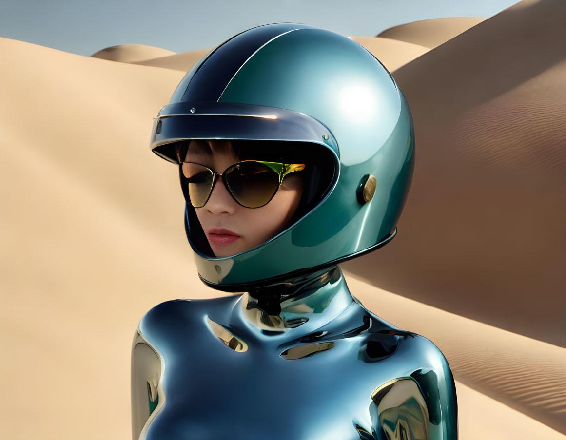 Reflective helmet and suit against sand dunes backdrop with sunglasses