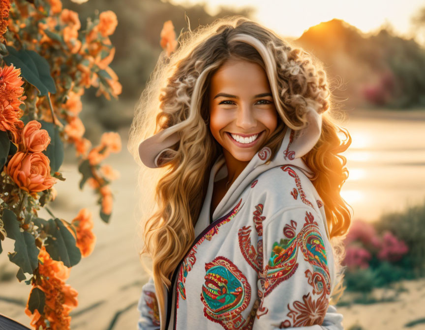 Joyful woman with curly hair in sunlit garden by serene water