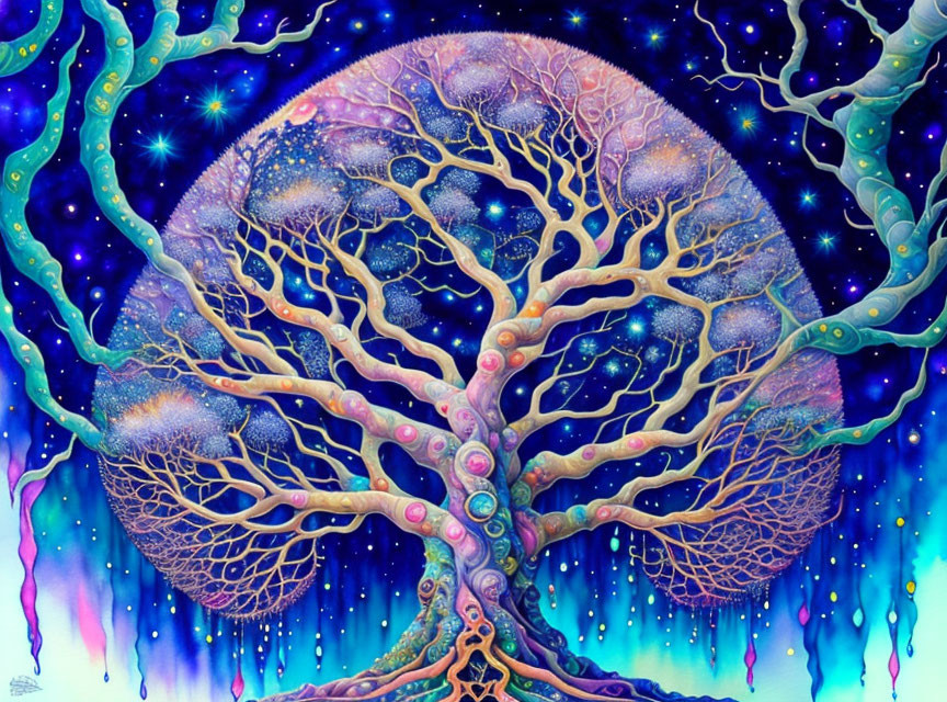 Colorful Psychedelic Tree Painting with Starry Sky