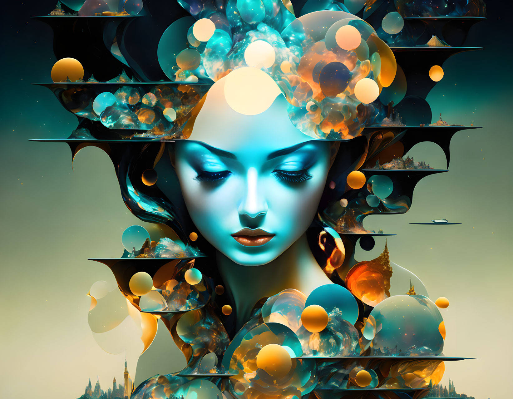 Surreal artwork featuring woman with orbs on ochre-turquoise backdrop